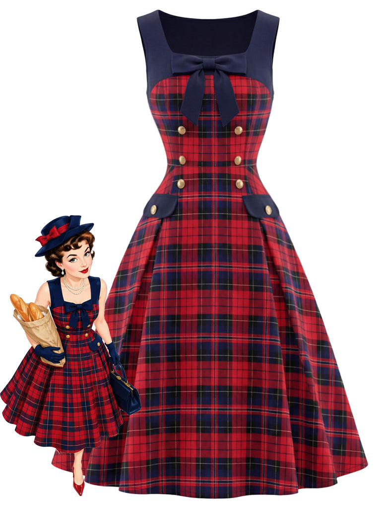 [Pre-Sale] 1950s Tartan Plaid Bow Square-Neck Double-Breasted Dress