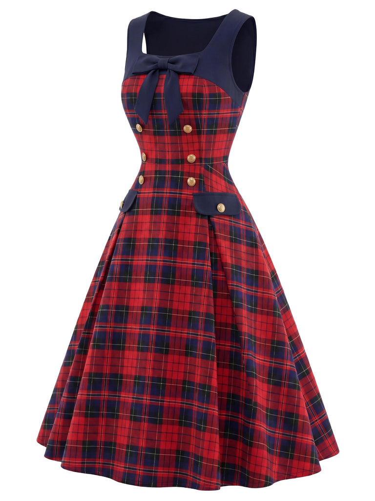 [Pre-Sale] 1950s Tartan Plaid Bow Square-Neck Double-Breasted Dress