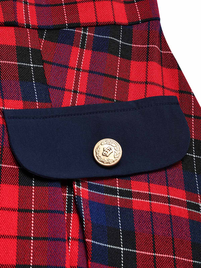 [Pre-Sale] 1950s Tartan Plaid Bow Square-Neck Double-Breasted Dress