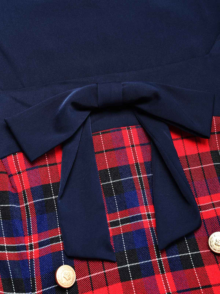 [Pre-Sale] 1950s Tartan Plaid Bow Square-Neck Double-Breasted Dress