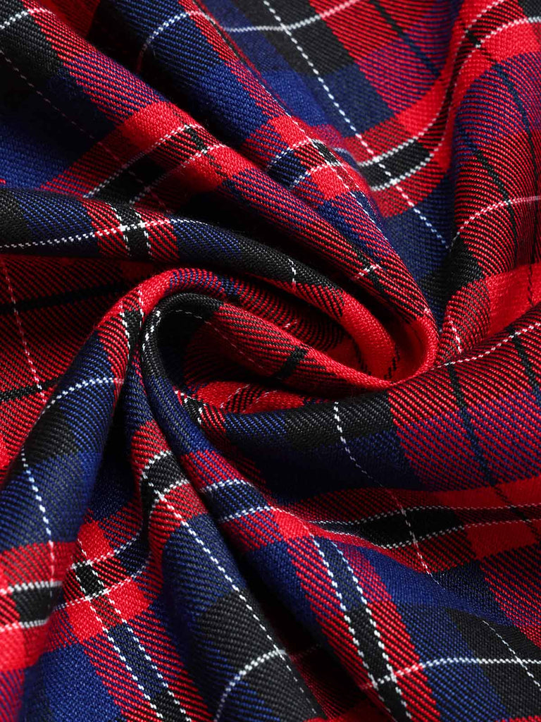 [Pre-Sale] 1950s Tartan Plaid Bow Square-Neck Double-Breasted Dress