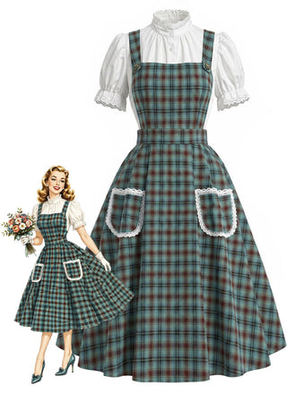 [Pre-Sale] 2PCS Green 1950s Plaid Lace Pocket Pinafore Dress & White Top