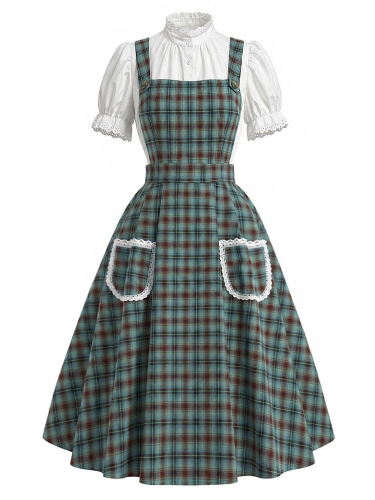 [Pre-Sale] 2PCS Green 1950s Plaid Lace Pocket Pinafore Dress & White Top