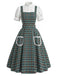 [Pre-Sale] 2PCS Green 1950s Plaid Lace Pocket Pinafore Dress & White Top