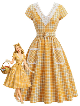[Pre-Sale] Orange Color 1940s Plaid Vintage Classic Dress