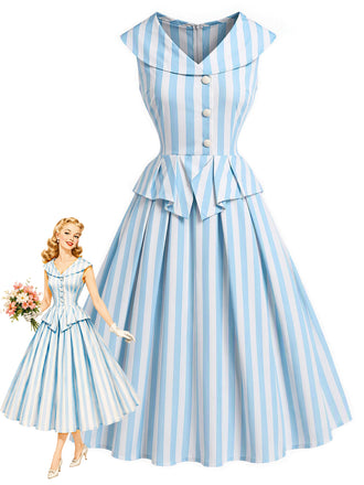 [Pre-Sale] Blue 1950s Striped Shawl Collar Faux Two Piece Dress