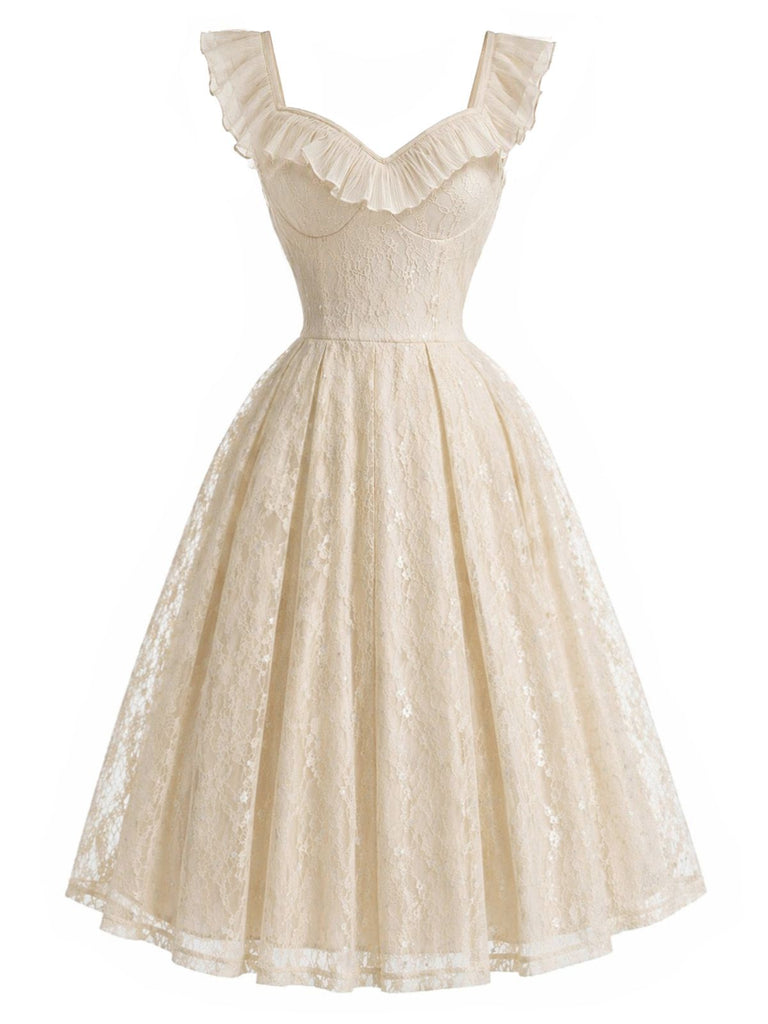Beige 1950s Lace Ruffle Sweetheart Neck Swing Dress