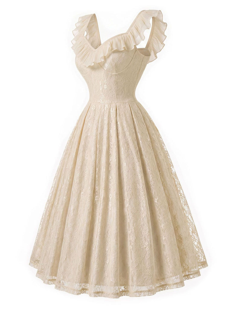 Beige 1950s Lace Ruffle Sweetheart Neck Swing Dress