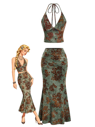 2PCS Dark Green 1970s Floral Halter Mermaid Skirt Set