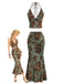 2PCS Dark Green 1970s Floral Halter Mermaid Skirt Set