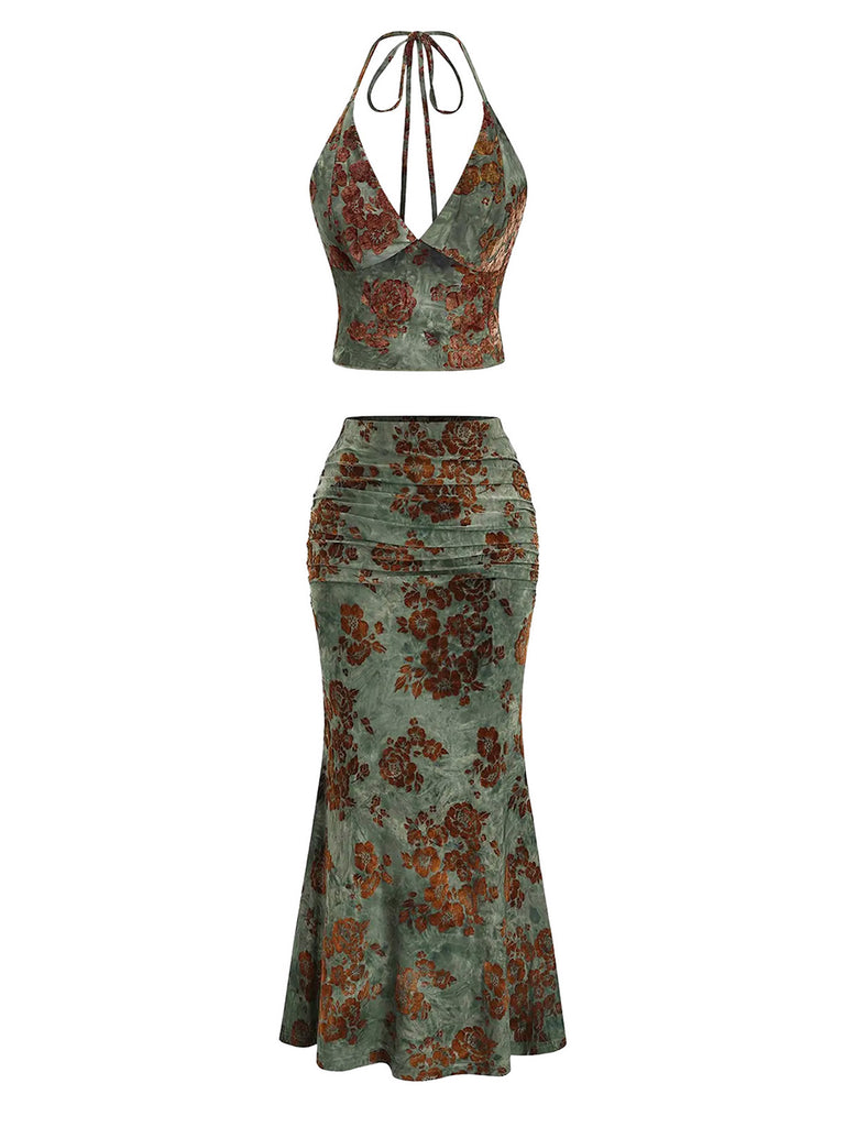 2PCS Dark Green 1970s Floral Halter Mermaid Skirt Set