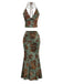 2PCS Dark Green 1970s Floral Halter Mermaid Skirt Set