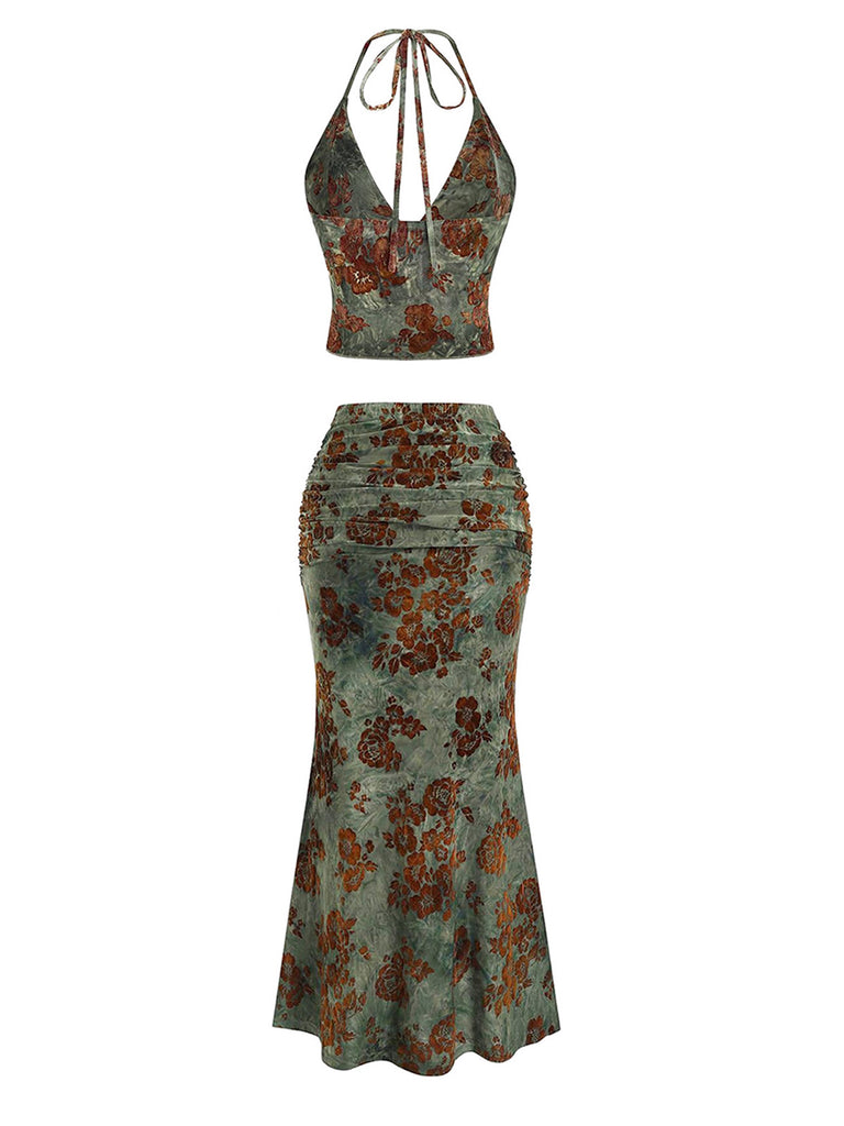 2PCS Dark Green 1970s Floral Halter Mermaid Skirt Set