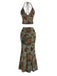 2PCS Dark Green 1970s Floral Halter Mermaid Skirt Set