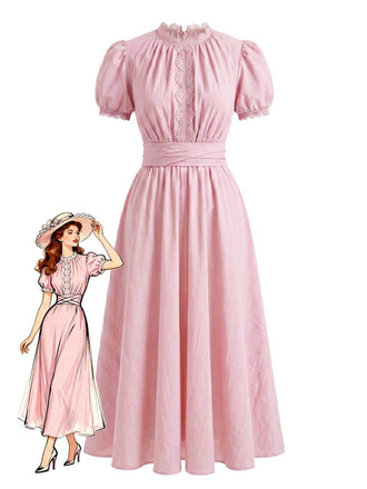 1920s Lace Trim Puff Sleeve Maxi Dress