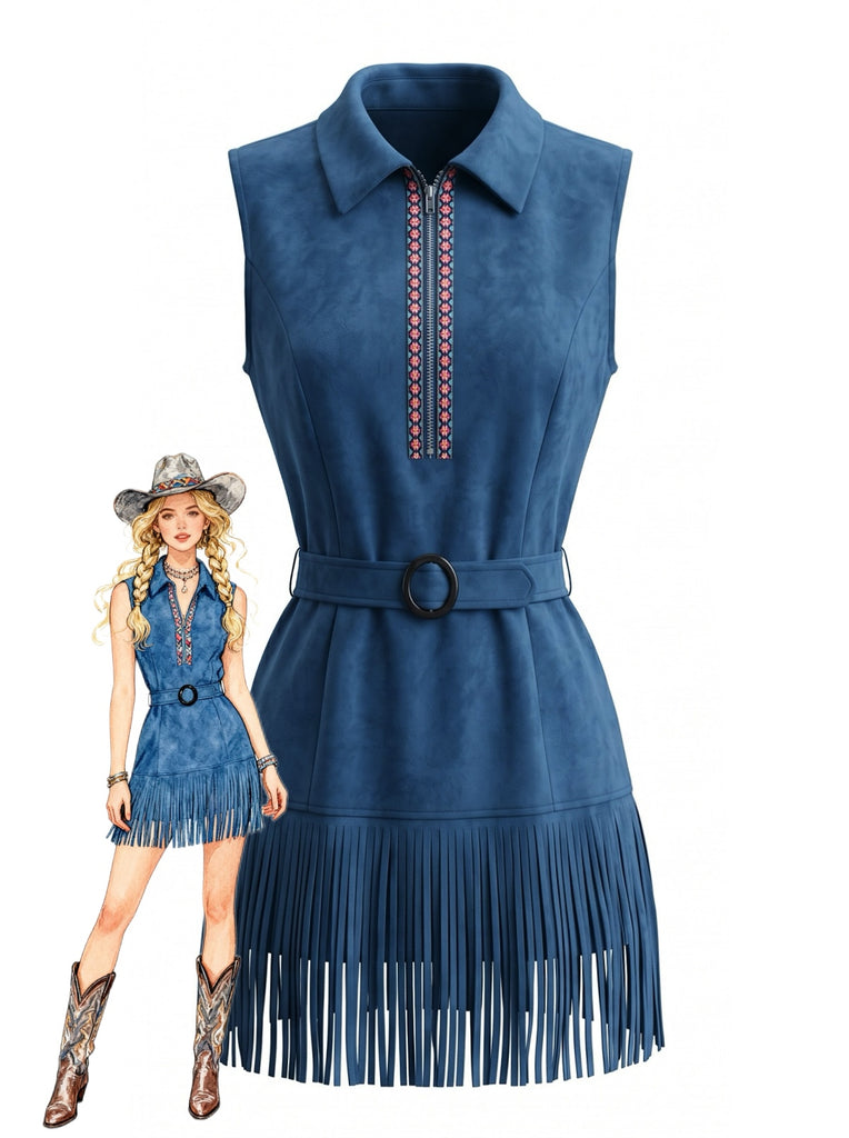 Navy Blue 1970s Vintage V Neck Dress 1