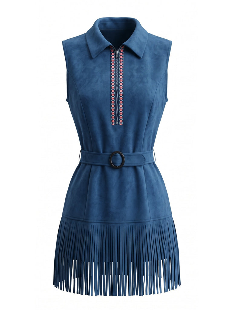 Navy Blue 1970s Vintage V Neck Dress 2