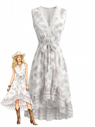 White 1970s Floral Lace V Neck Dress