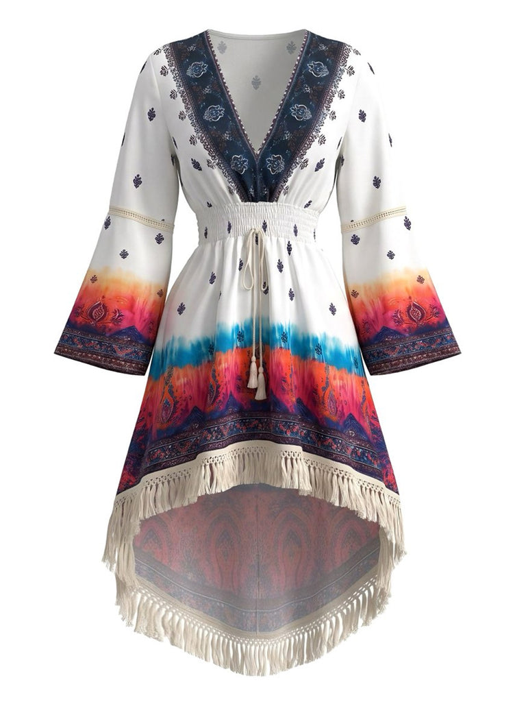 White 1970s Floral V Neck Dress 2