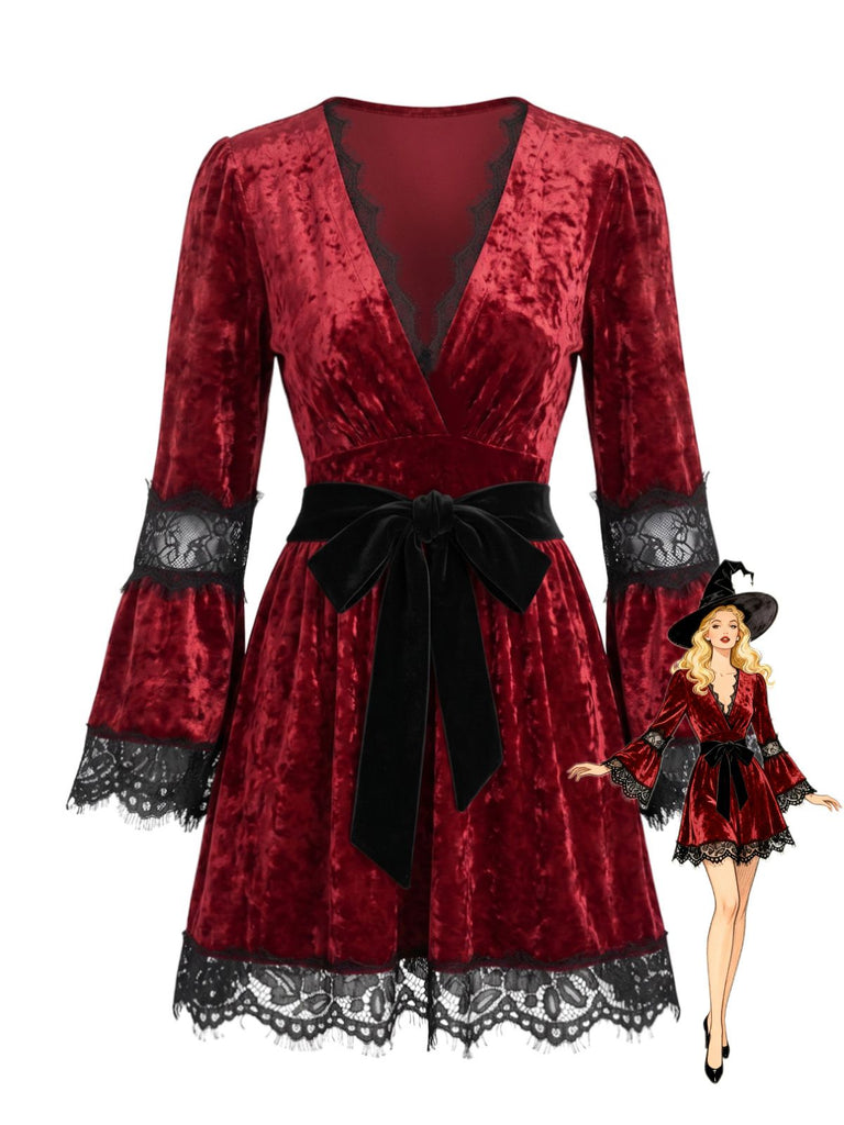 Red 1970s Lace Trim Deep V-Neck Gothic Dress