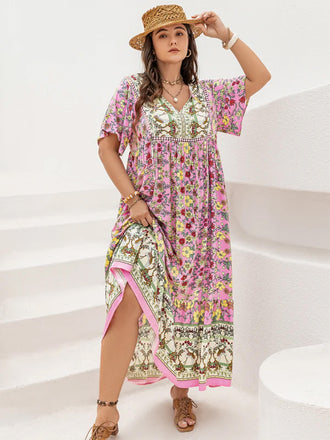 Plus Size Pink 1950s Floral V Neck Dress