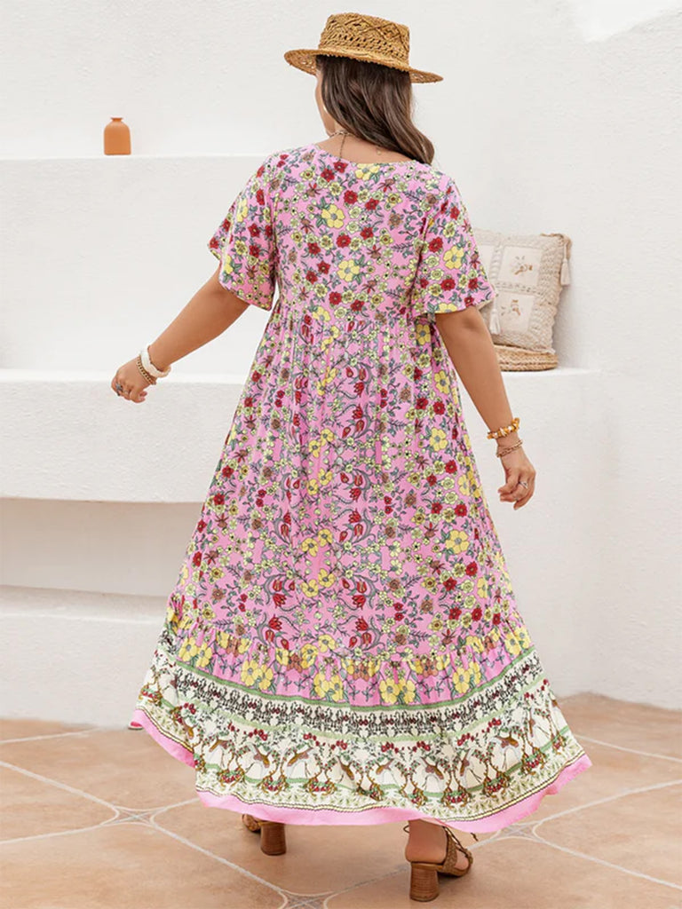 Plus Size Pink 1950s Floral V Neck Dress 2
