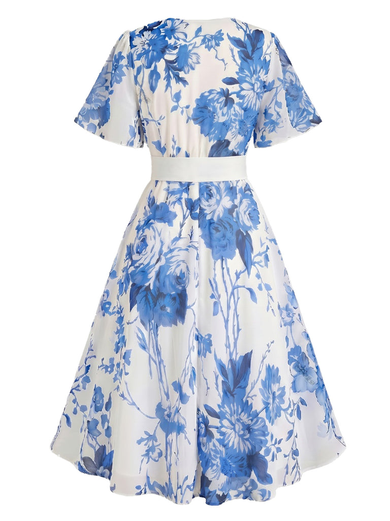 Plus Size 1950s Floral V Neck Belted Dress 2