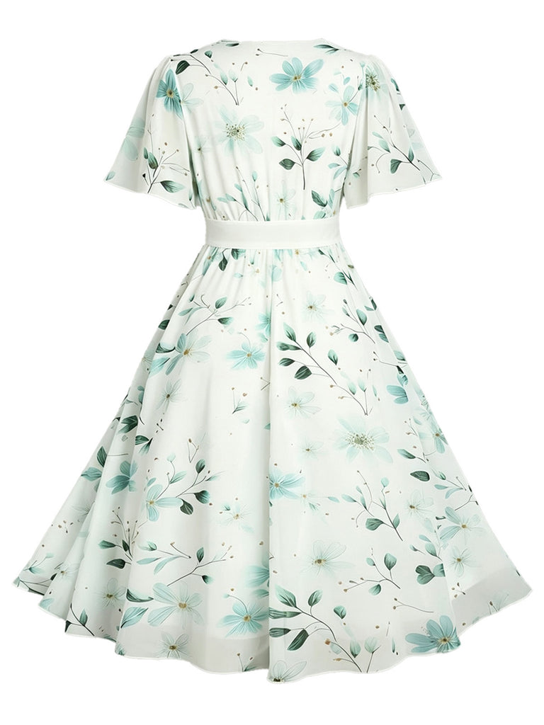 Plus Size 1950s Floral V Neck Belted Dress 5