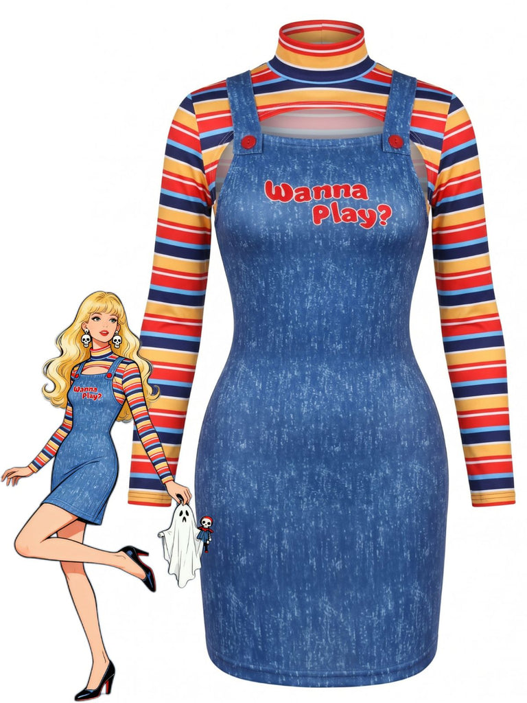 2PCS 1960s Striped High Neck Top & Overall Dress