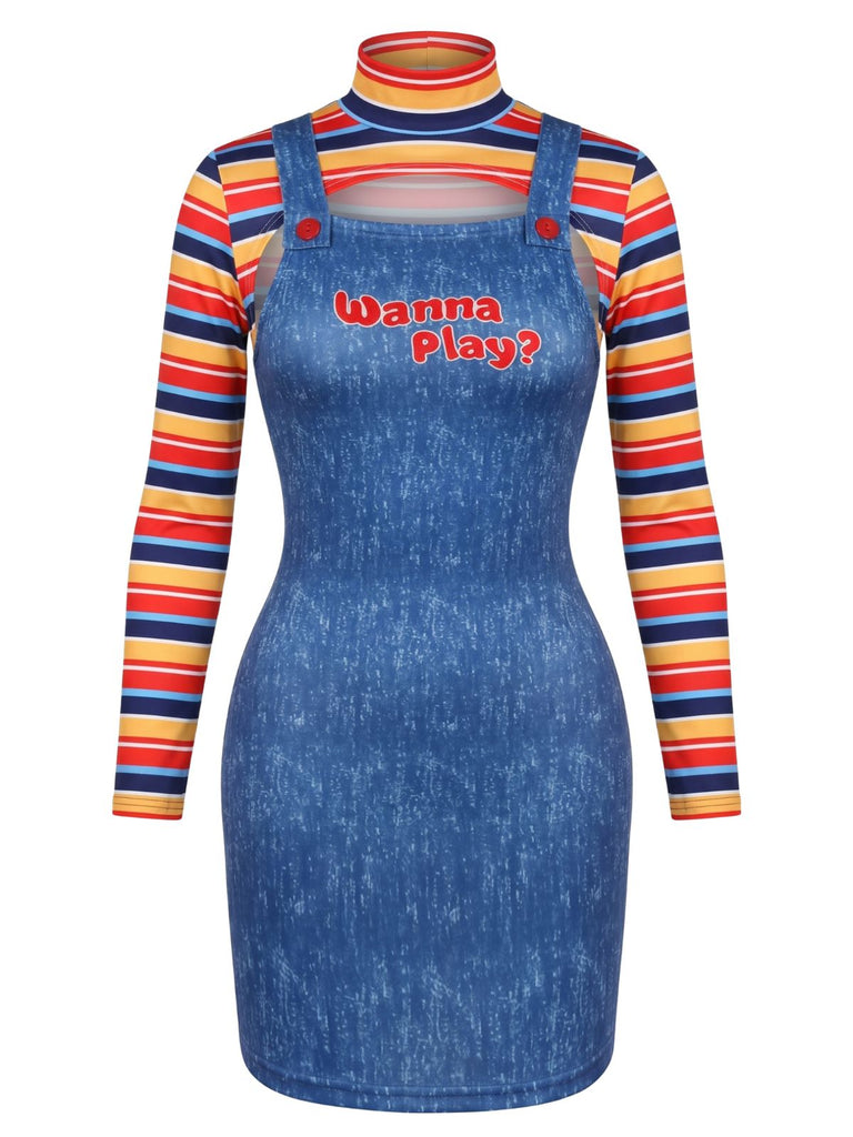 2PCS 1960s Striped High Neck Top & Overall Dress