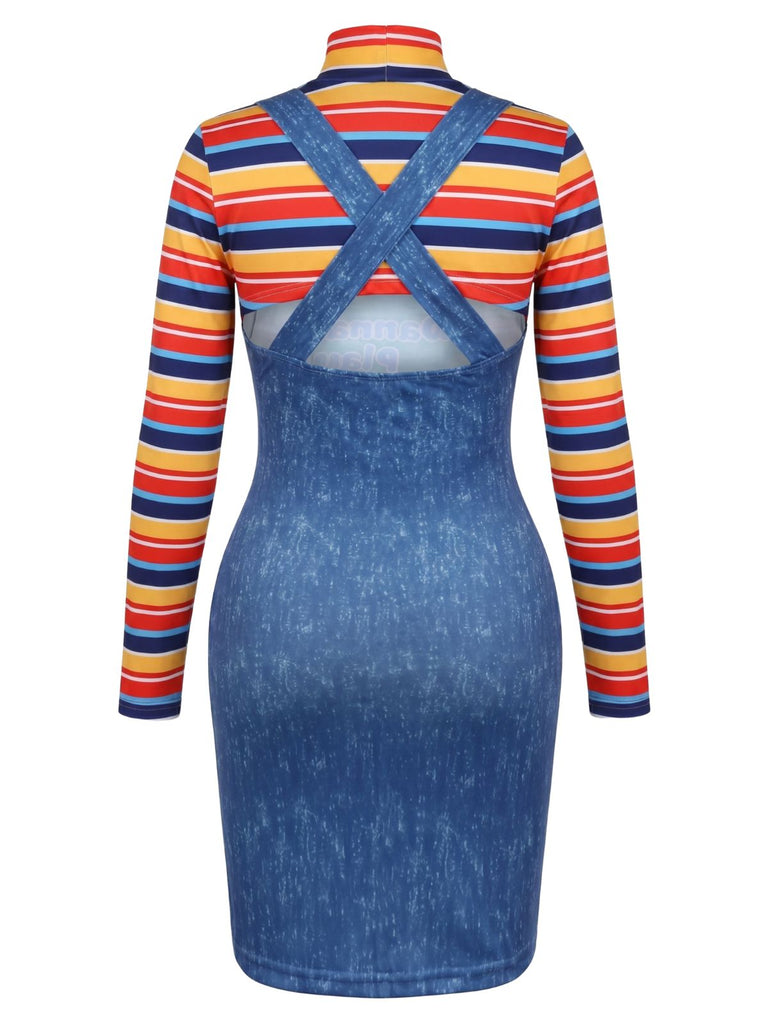 2PCS 1960s Striped High Neck Top & Overall Dress