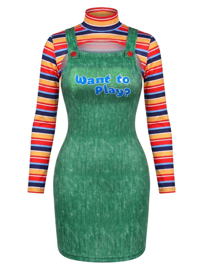 2PCS 1960s Striped High Neck Top & Overall Dress