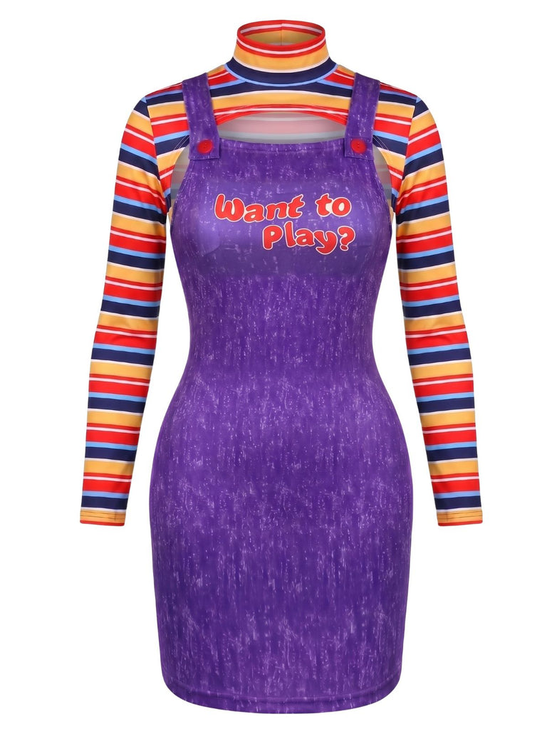 2PCS 1960s Striped High Neck Top & Overall Dress