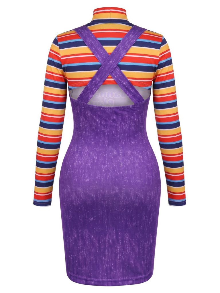 2PCS 1960s Striped High Neck Top & Overall Dress