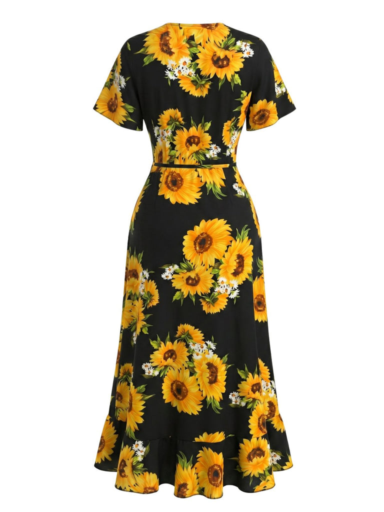 Elegant Black 1940s Vintage Ruffle Dress