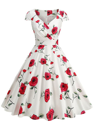 1950s Vintage Floral V Neck Dress