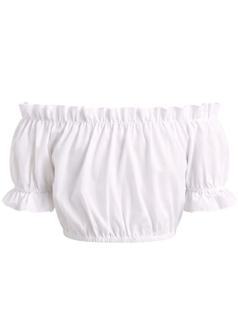 White 1950s Ruffle Off Shoulder Tie Front Crop Top