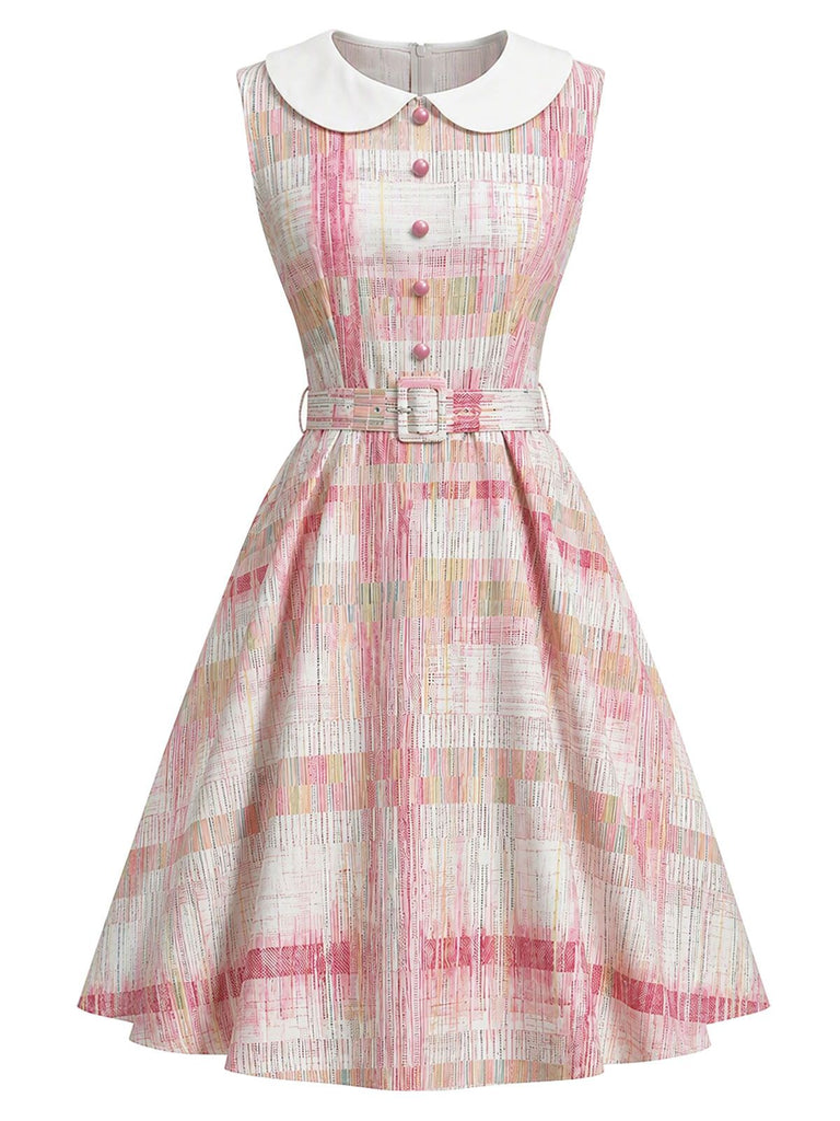 Pink 1950s Plaid Peter Pan Collar Sleeveless Dress