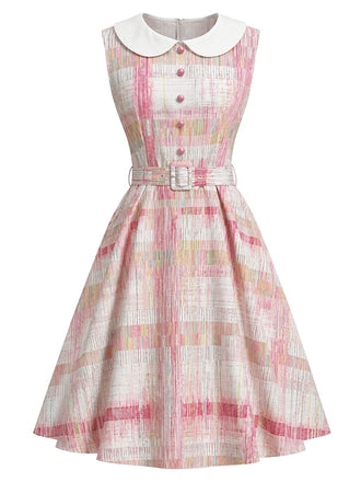 Pink 1950s Plaid Peter Pan Collar Sleeveless Dress
