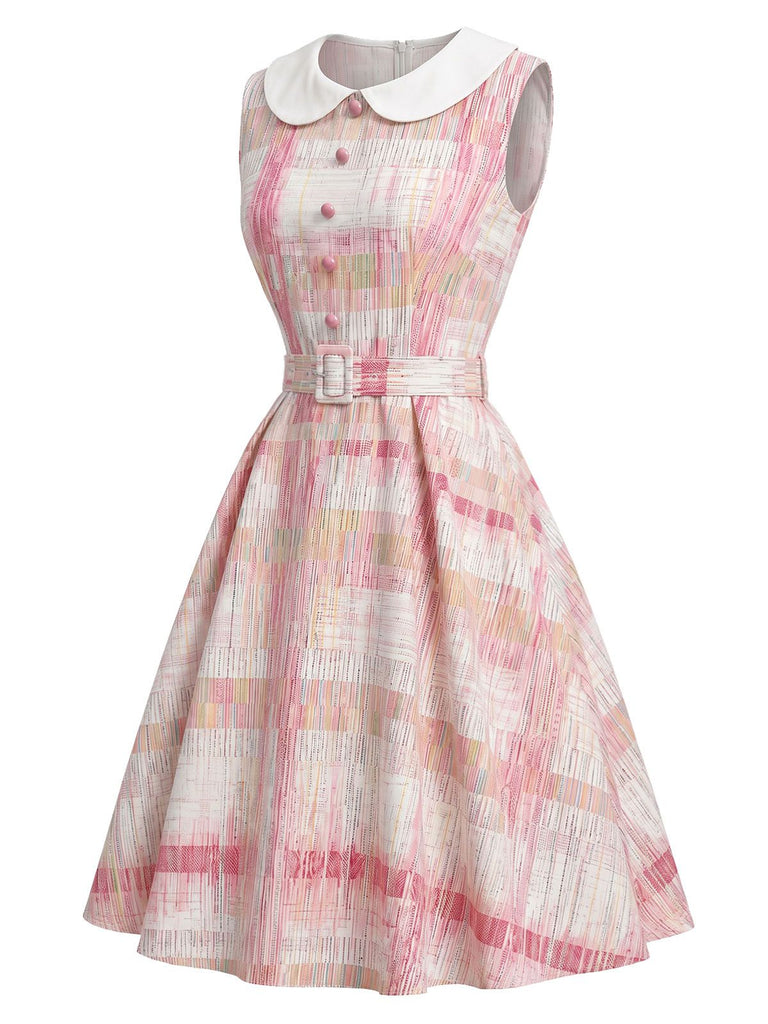 Pink 1950s Plaid Peter Pan Collar Sleeveless Dress