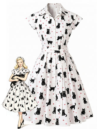 [Pre-Sale] 1950s Cat Polka Dot Belted Shirt Dress