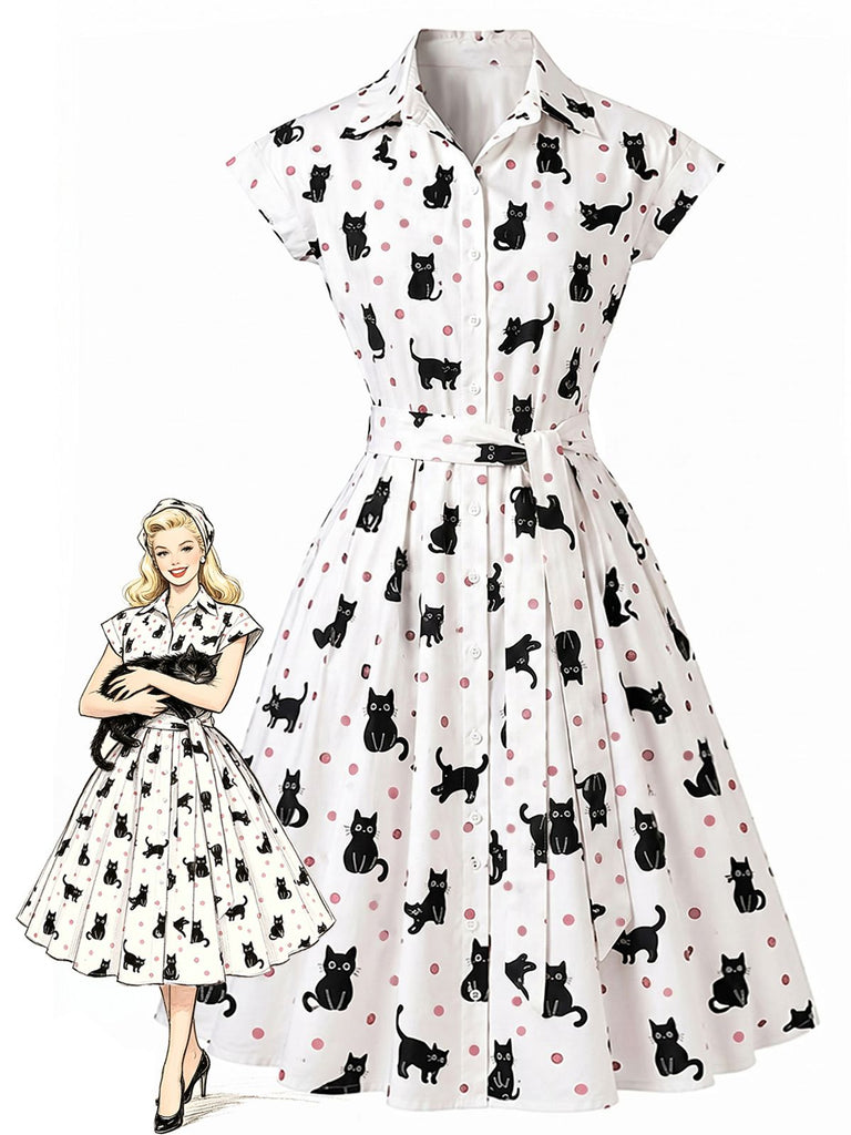 1950s Cat Polka Dot Belted Shirt Dress