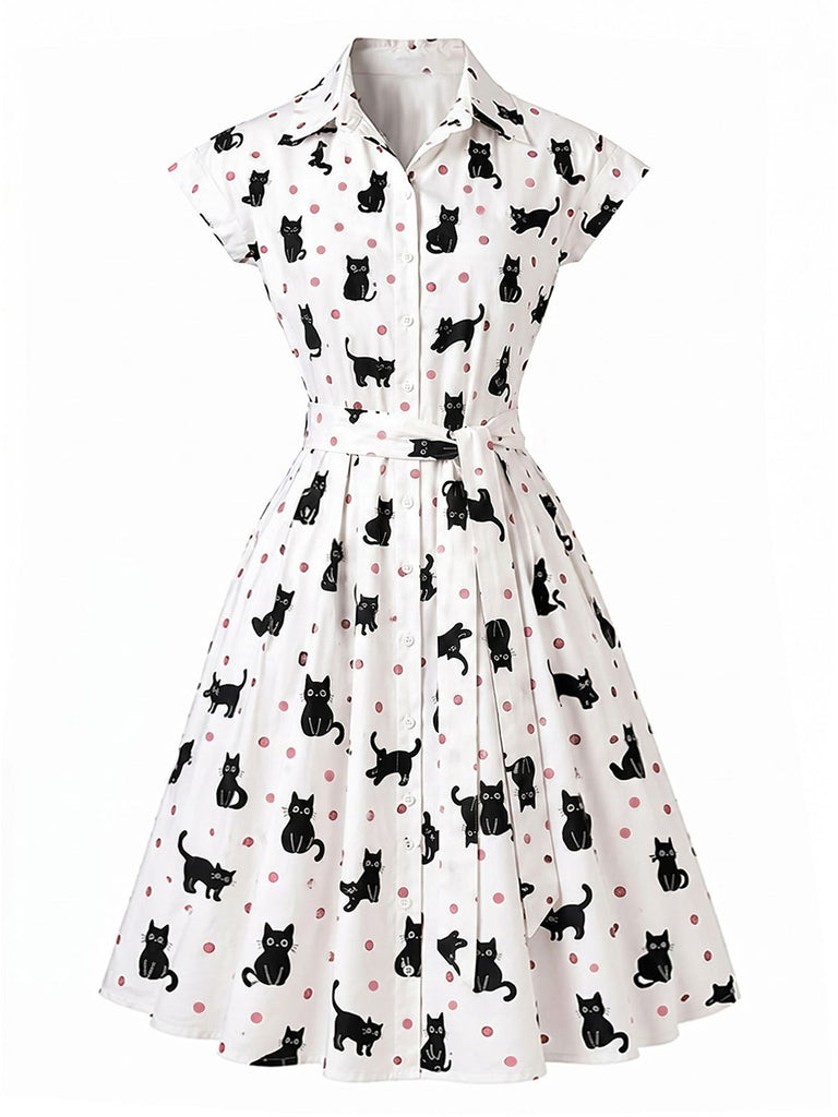 1950s Cat Polka Dot Belted Shirt Dress