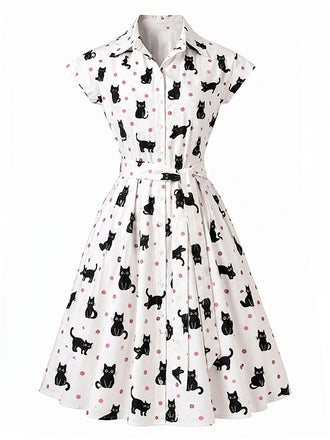 [Pre-Sale] 1950s Cat Polka Dot Belted Shirt Dress