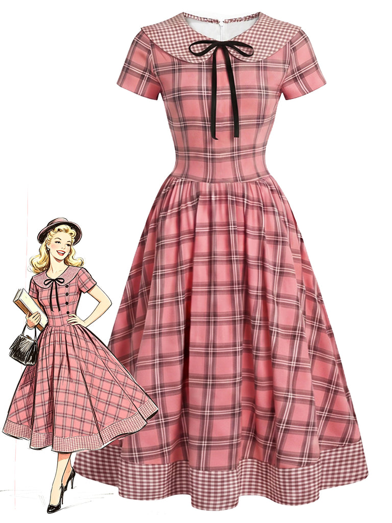 [Pre-Sale] 1940s Plaid Peter Pan Collar Button Bow Dress
