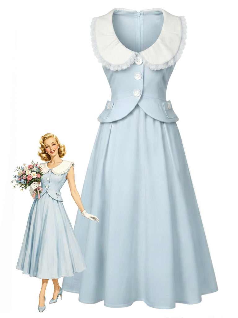 [Pre-Sale] Light Blue 1940s Peter Pan Collar A-Line Midi Dress