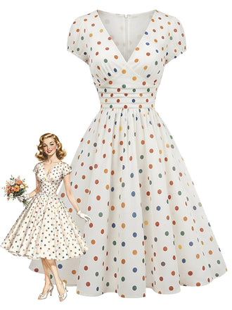 [Pre-Sale] Multicolor 1950s Polka Dot V-Neck Swing Dress