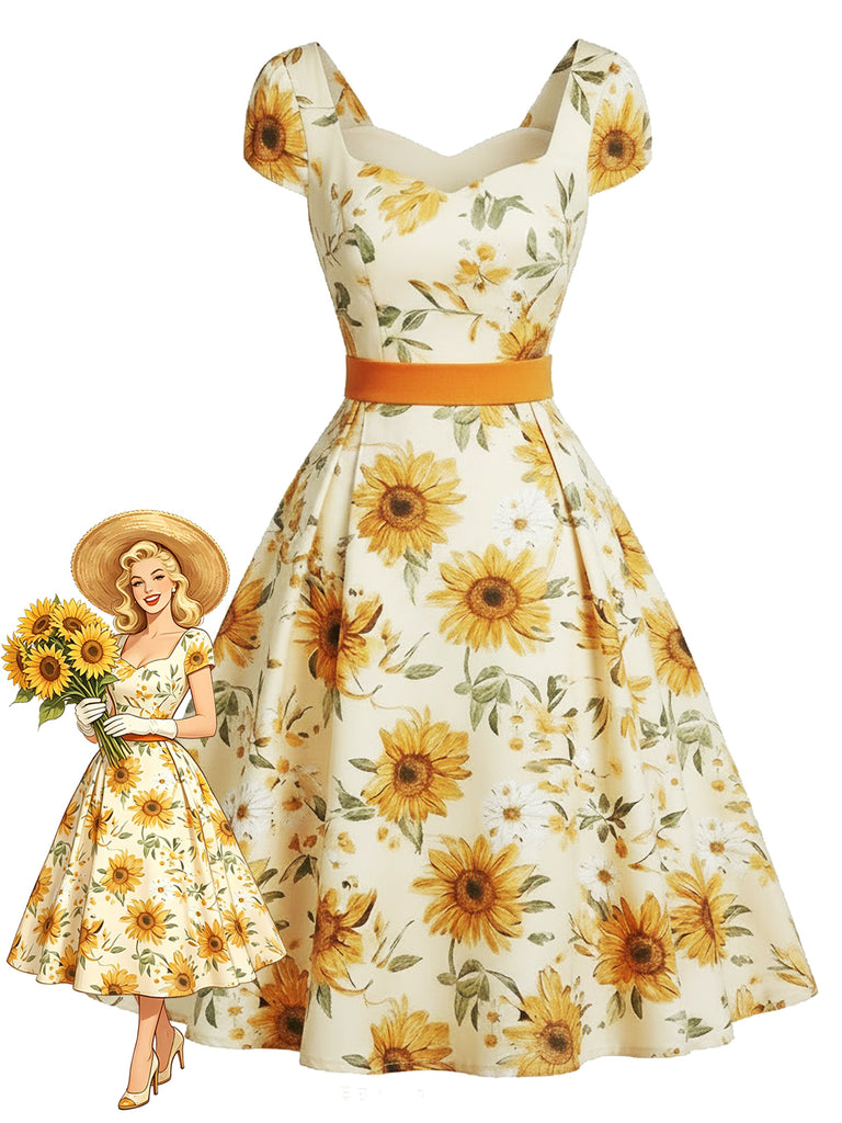 Orange Color 1950s Vintage Floral Dress