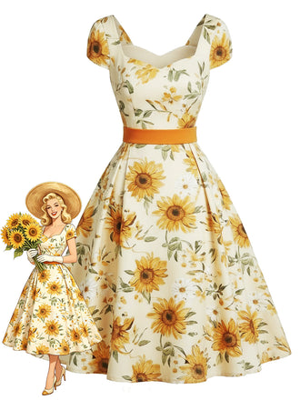Orange Color 1950s Vintage Floral Dress