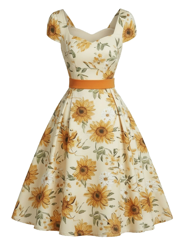 Orange Color 1950s Vintage Floral Dress